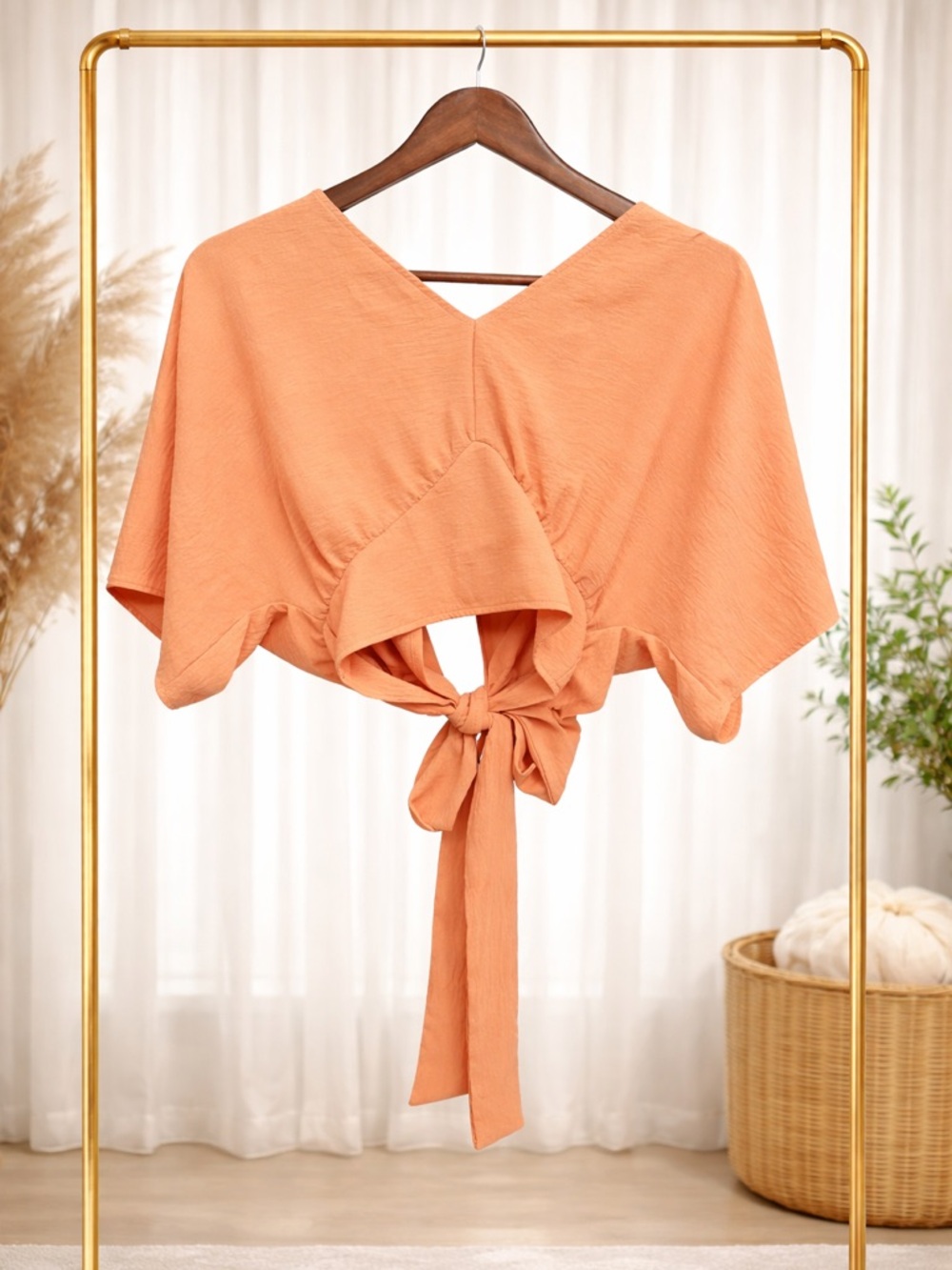 Tie-Back V-Neck Blouse in Peach